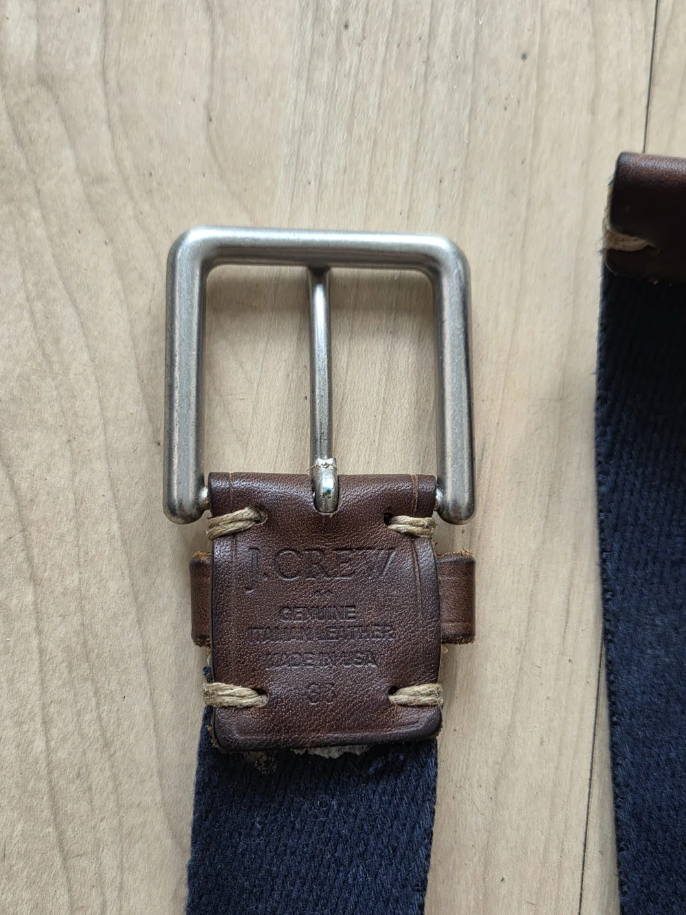 J. Crew Navy Canvas Belt with Brown Leather Trim & Tan Belt. Two Belts.